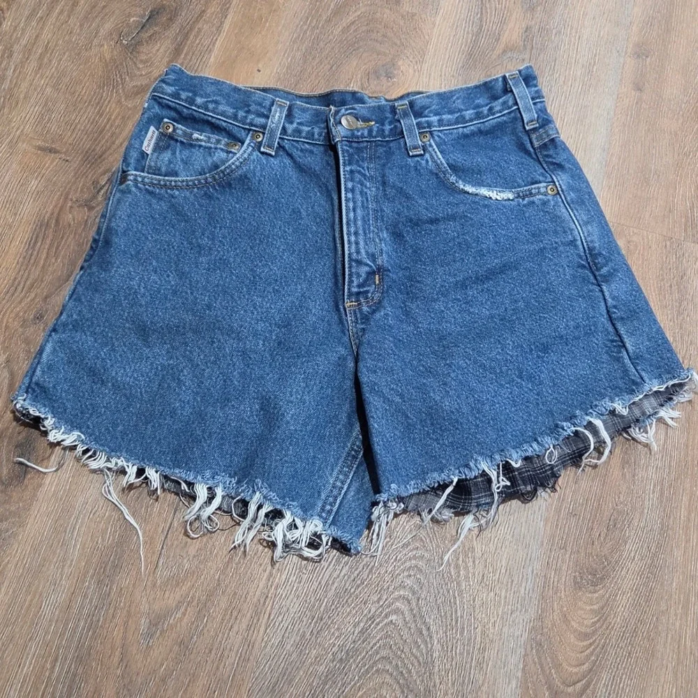 Carhartt B172 DST Flannel Lined Denim Cut Off Shorts 30 Dark Stone Plaid